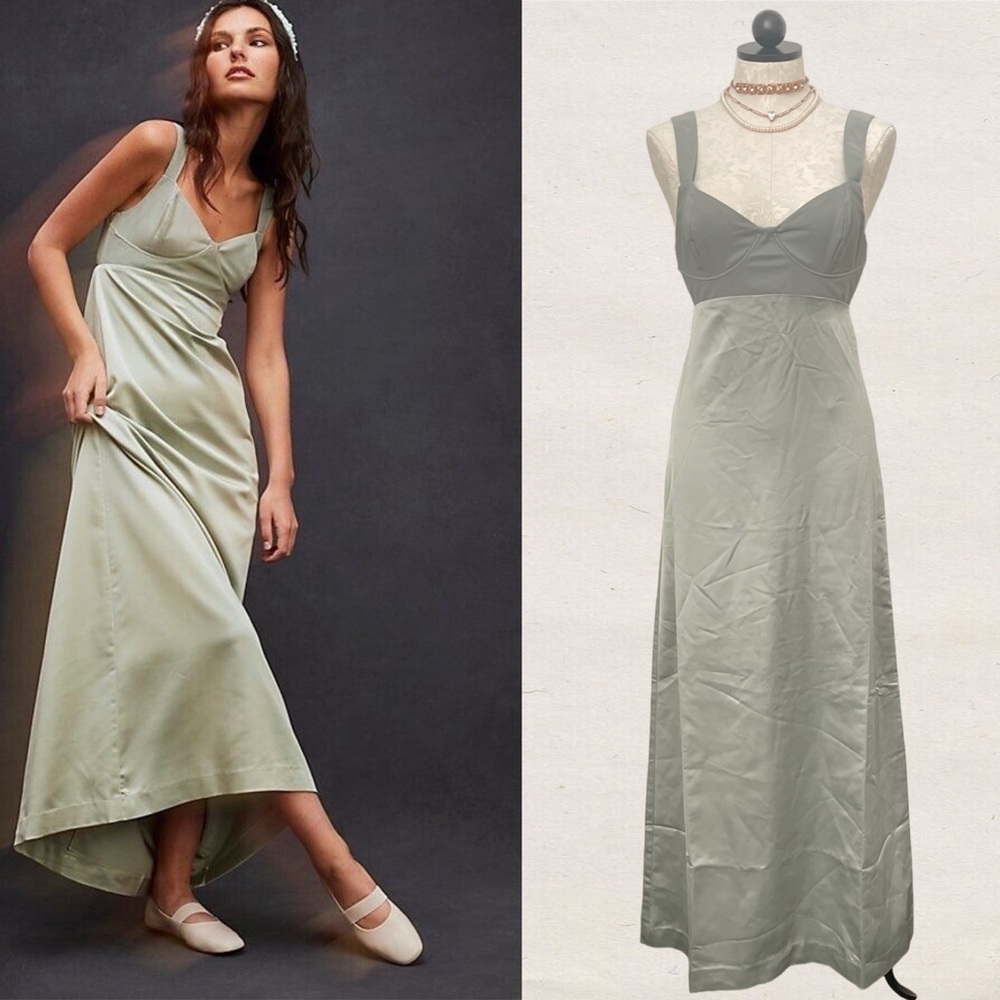 Free People Gia Maxi Dress Mermaids Satin Backless Sage Green A-Line Small 4 - Picture 3 of 9